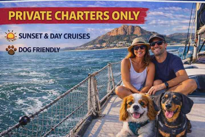 Couple with two dogs on a boat promoting dog-friendly sailing charters in Townsville.